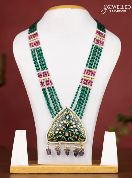 Jaipur crystal beaded dark green length necklace with minakari pendant and hangings without earrings
