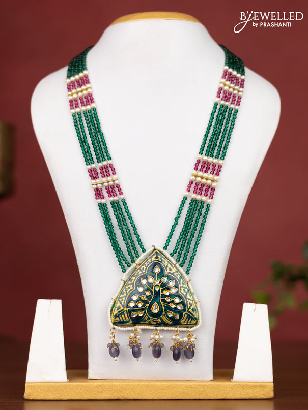 Jaipur crystal beaded dark green length necklace with minakari pendant and hangings without earrings
