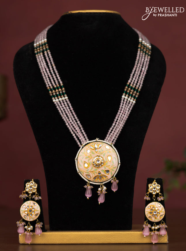 Jaipur crystal beaded baby pink length necklace with minakari pendant and hangings