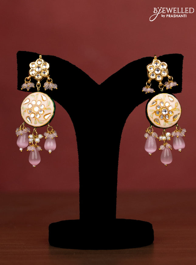 Jaipur crystal beaded baby pink length necklace with minakari pendant and hangings