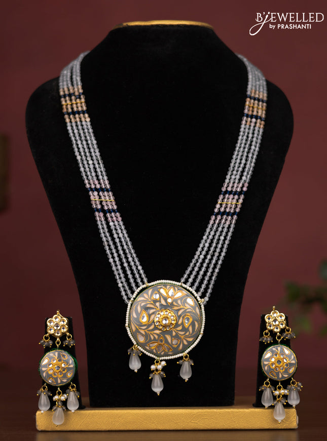 Jaipur crystal beaded grey length necklace with minakari pendant and hangings