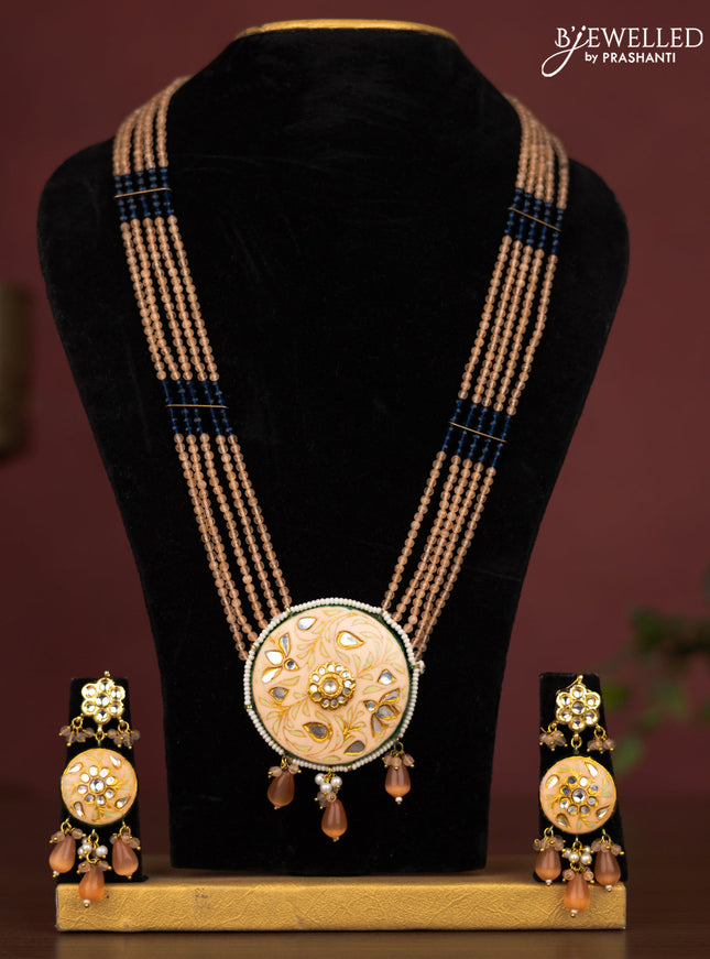 Jaipur crystal beaded peach length necklace with minakari pendant and hangings