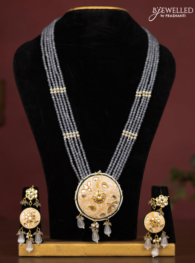 Jaipur crystal beaded grey length necklace with minakari pendant and hangings