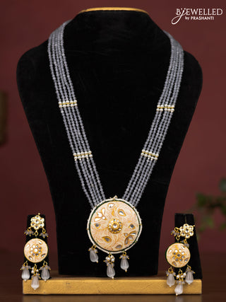 Jaipur crystal beaded grey length necklace with minakari pendant and hangings