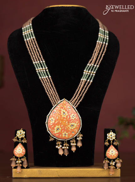 Jaipur crystal beaded peach length necklace with minakari pendant and hangings