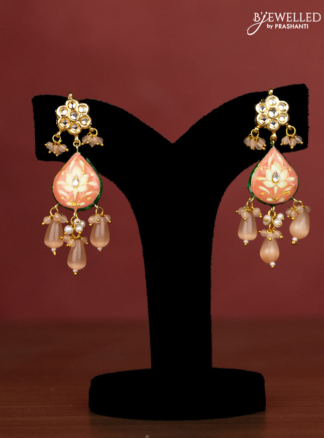 Jaipur crystal beaded peach length necklace with minakari pendant and hangings