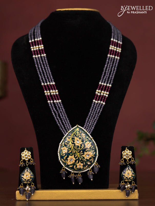 Jaipur crystal beaded violet length necklace with minakari pendant and hangings