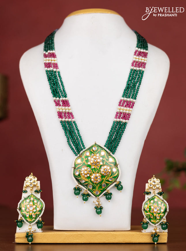 Jaipur crystal beaded multicolour length necklace with minakari pendant and hangings