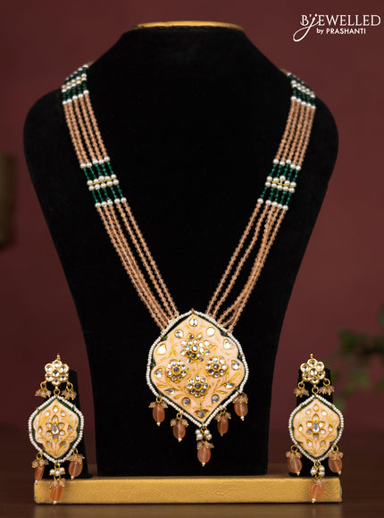 Jaipur crystal beaded peach length necklace with minakari pendant and hangings