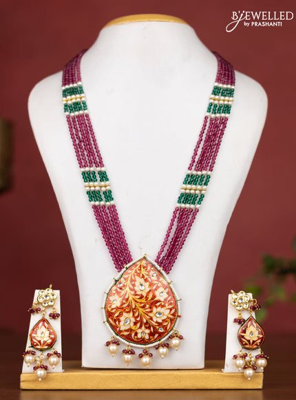 Jaipur crystal beaded magenta length necklace with minakari pendant and hangings