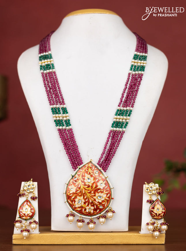Jaipur crystal beaded magenta length necklace with minakari pendant and hangings