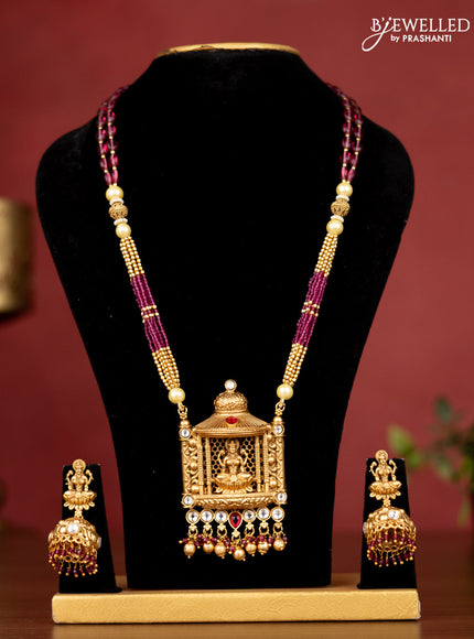 Crystal beaded maroon necklace with cz & pink kemp stone antique lakshmi pendant