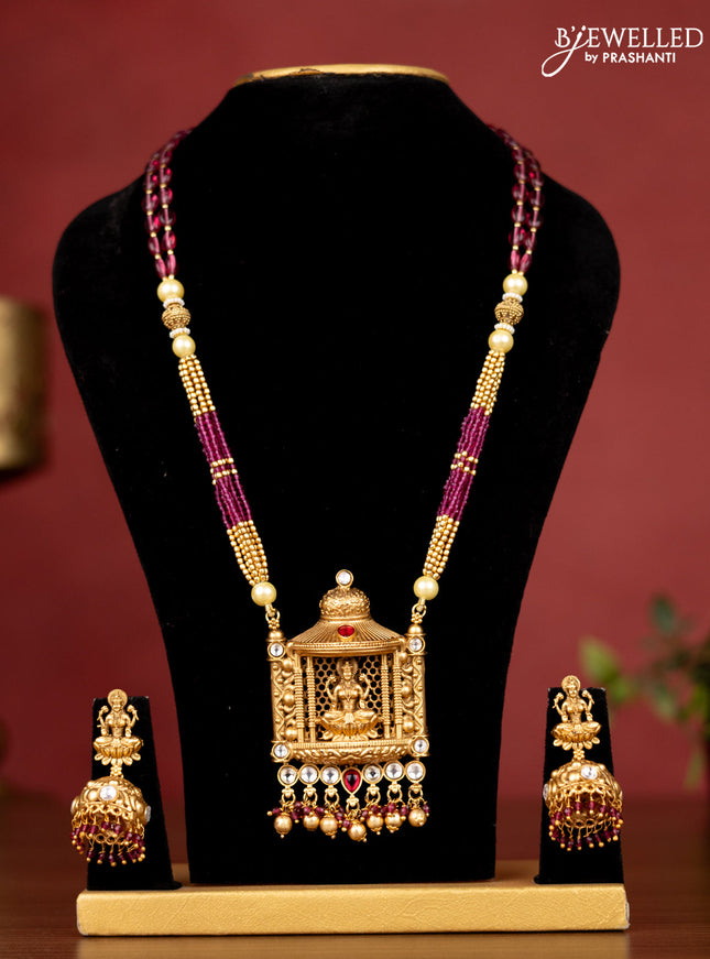 Crystal beaded maroon necklace with cz & pink kemp stone antique lakshmi pendant