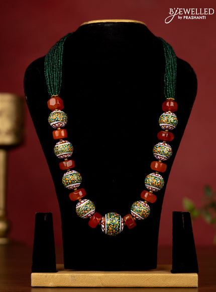 Jaipur green beaded necklace with orange stone minakari balls without earrings