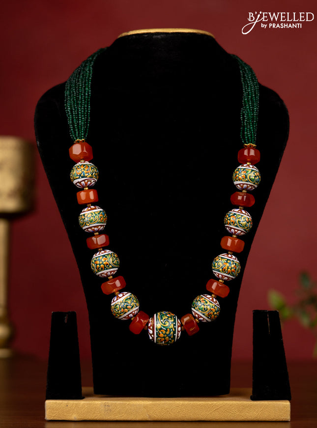 Jaipur green beaded necklace with orange stone minakari balls without earrings