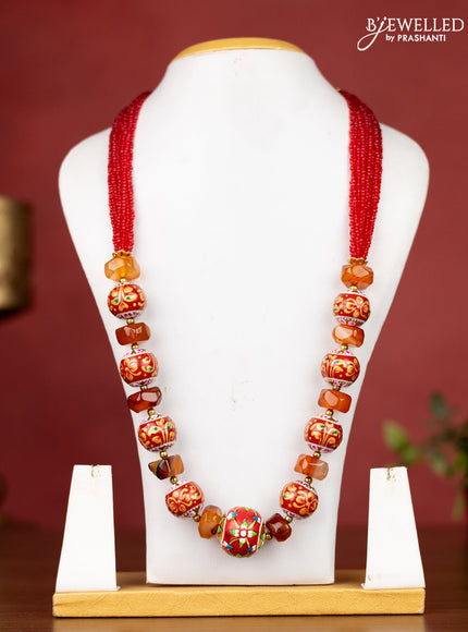 Jaipur red beaded necklace with minakari balls without earrings