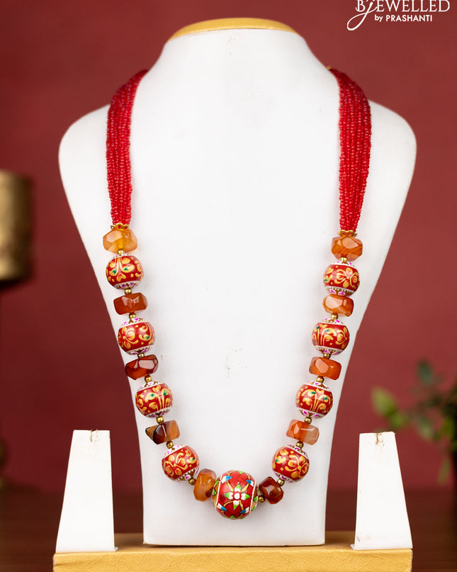 Jaipur red beaded necklace with minakari balls without earrings