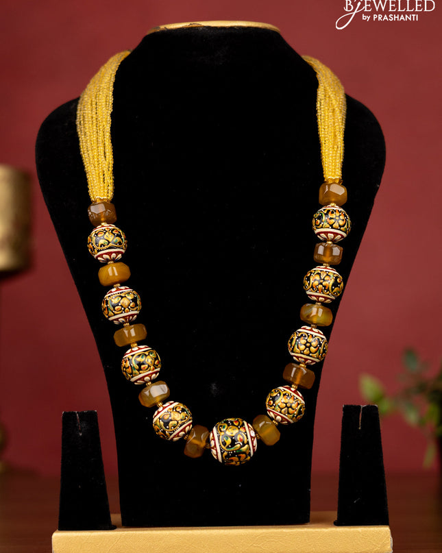 Jaipur yellow beaded necklace with minakari balls without earrings