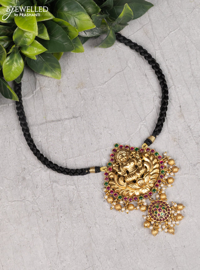 Black thread necklace lakshmi design with kemp & cz stones and golden beads hanging without earrings