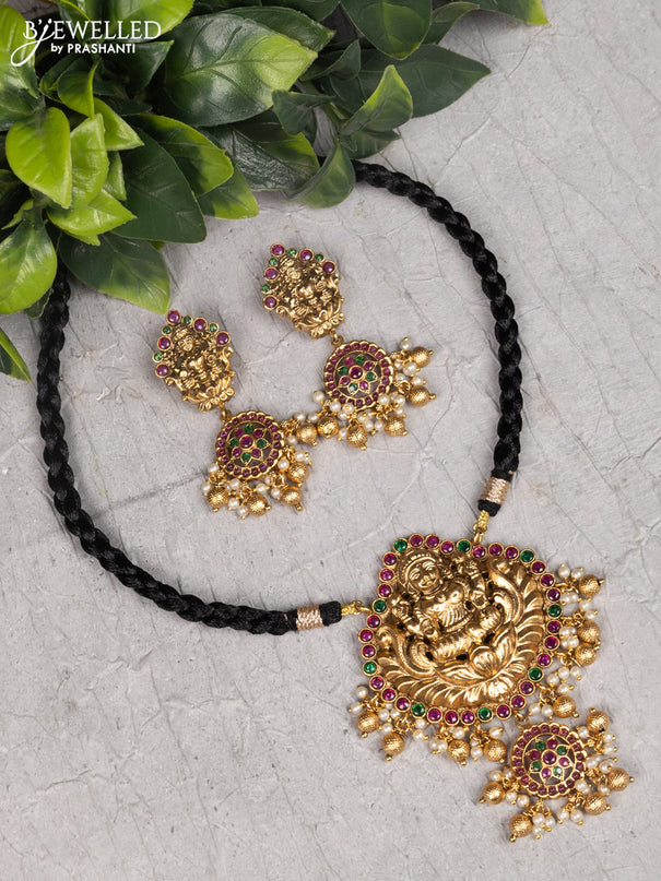 Black thread necklace lakshmi design with kemp and golden beads hanging