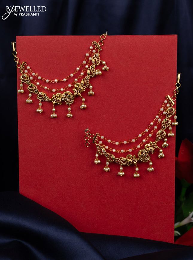 Antique triple layer mattal peacock design with kemp and cz stone and pearl hangings