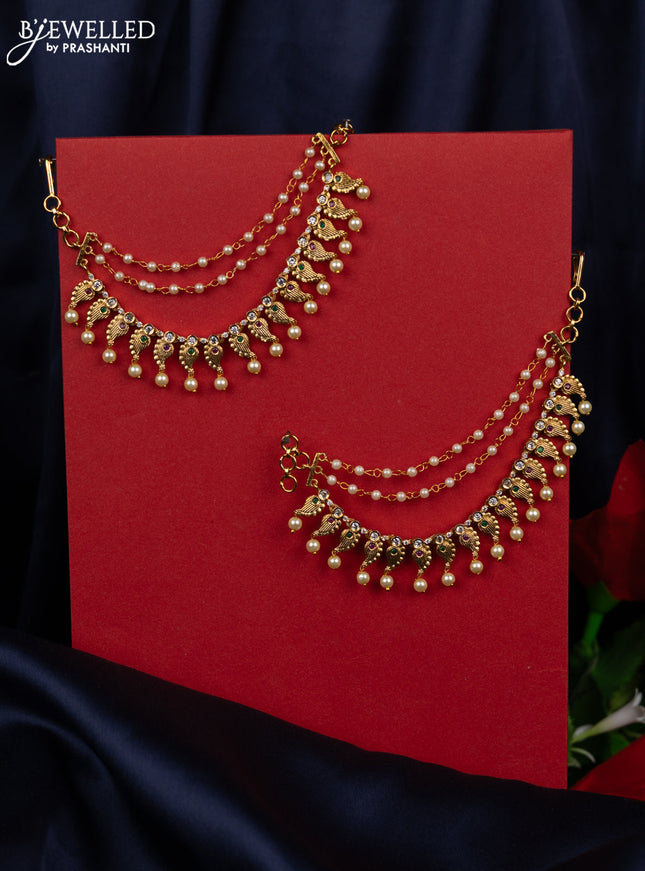 Antique triple layer mattal maanga pattern with kemp and cz stones and pearl hangings