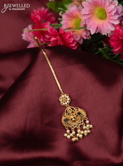 Antique maang tikka lakshmi design with kemp & cz stone and pearl hangings