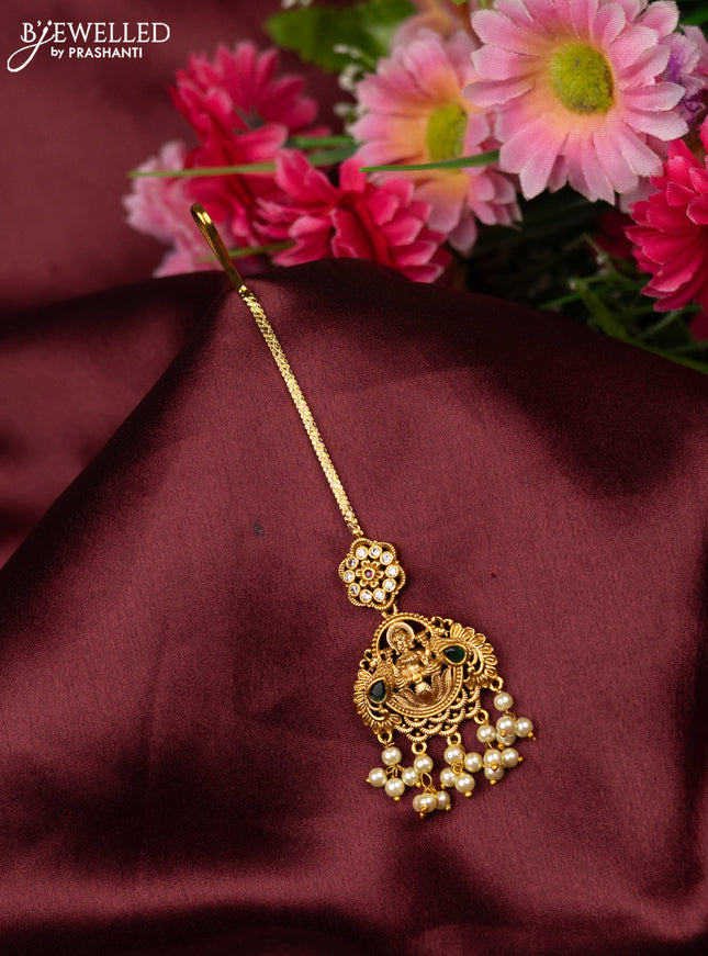 Antique maang tikka lakshmi design with kemp & cz stone and pearl hangings