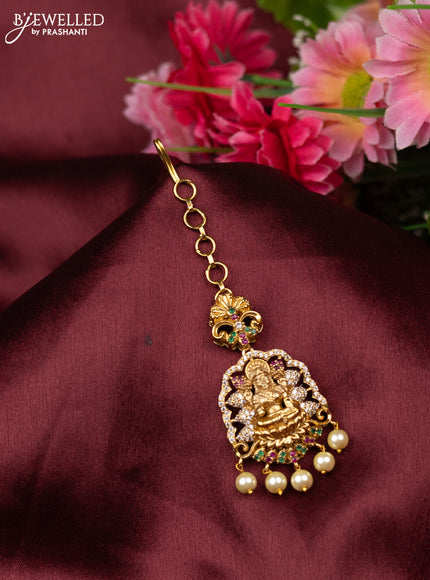 Antique maang tikka lakshmi design with kemp & cz stone and pearl hangings