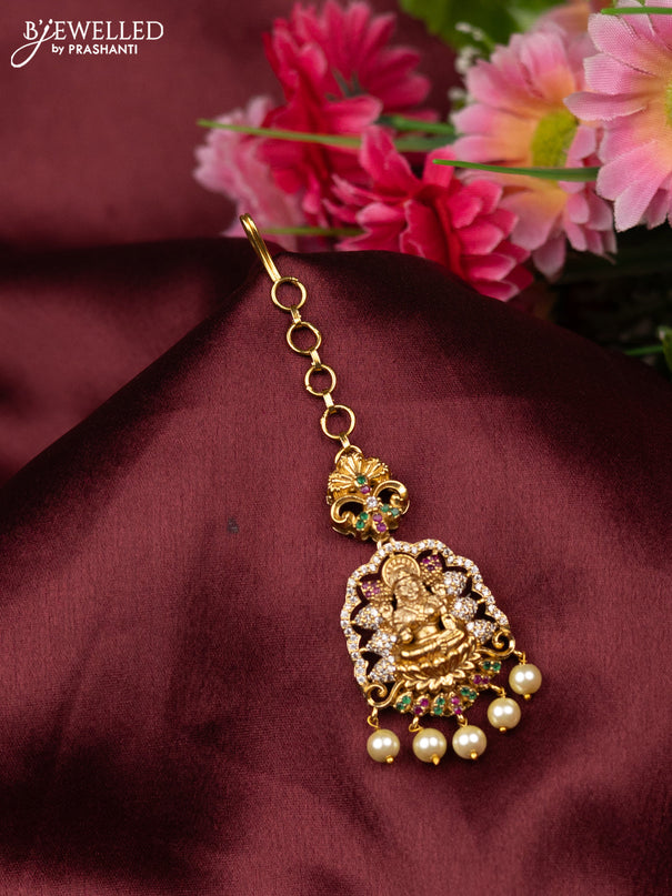 Antique maang tikka lakshmi design with kemp & cz stone and pearl hangings