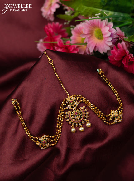 Antique maang tikka floral design with kemp & cz stone and pearl hangings