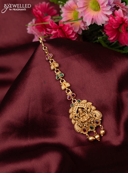 Antique maang tikka lakshmi design with kemp and golden beads hangings