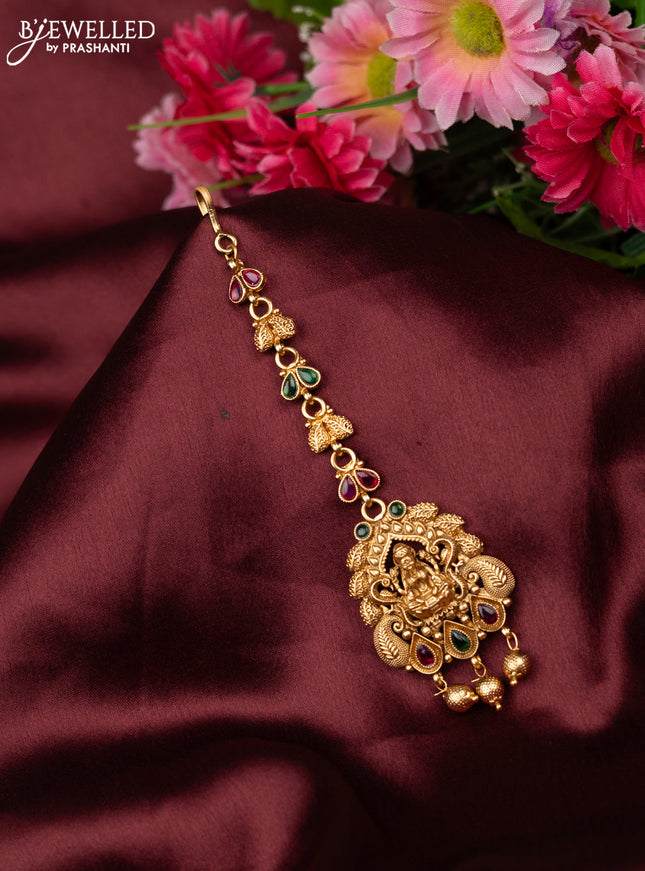 Antique maang tikka lakshmi design with kemp and golden beads hangings