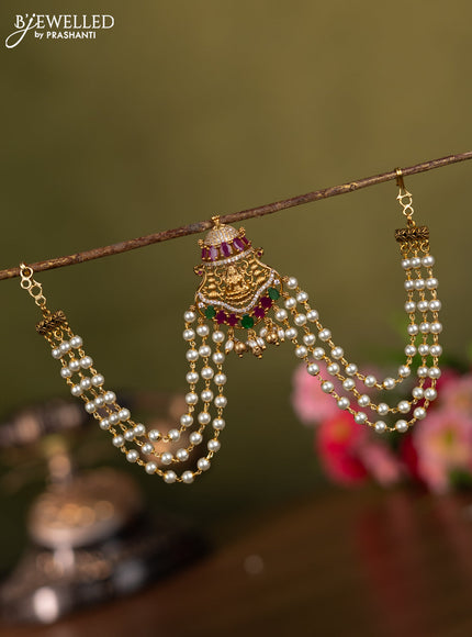 Antique triple layer jadabillai lakshmi design with kemp & cz stone and pearl hangings