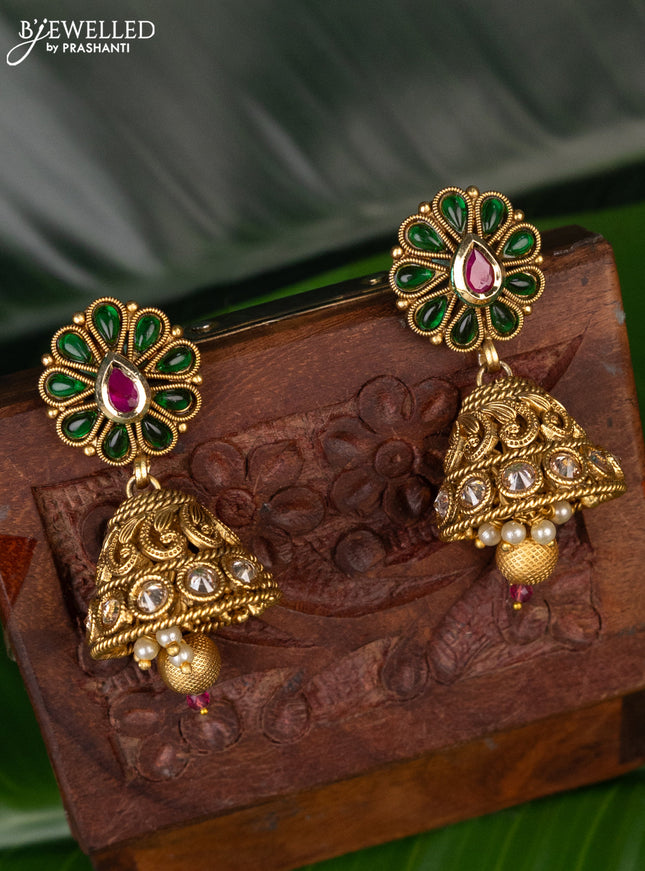Antique Jhumka floral design with kemp & cz stones and golden beads hanging