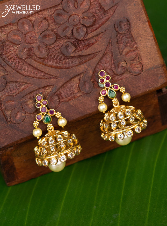 Antique jhumka with kemp & cz stones and pearl hanging