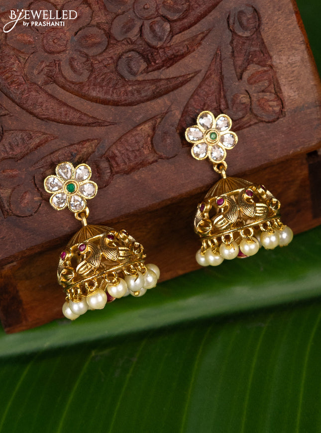 Antique jhumka peacock design with kemp & cz stones and pearl hanging