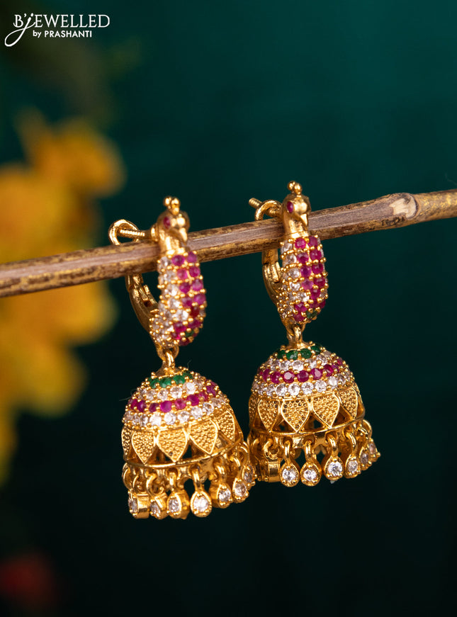 Antique jhumka peacock design with kemp & cz stones hanging