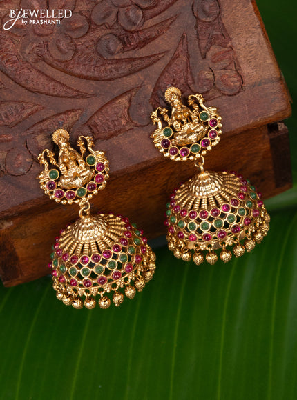 Antique jhumka lakshmi design with kemp stones and golden beads hanging
