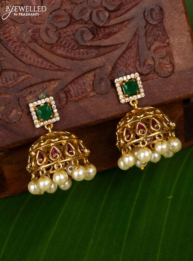 Antique jhumka with kemp & cz stones and pearl hanging