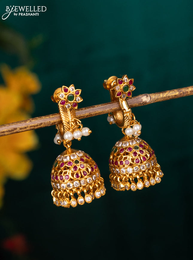 Antique jhumka floral design with kemp & cz stones and pearl hangings