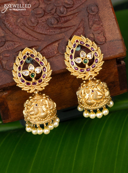 Antique jhumka peacock design with kemp & cz stones and pearl hangings