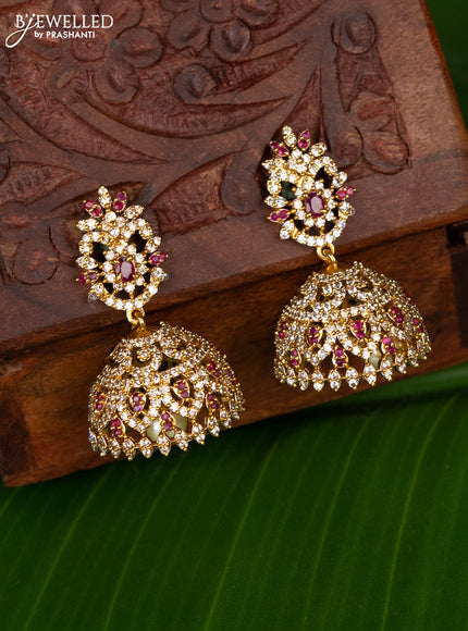 Antique jhumka with pink kemp & cz stones and pearl hanging
