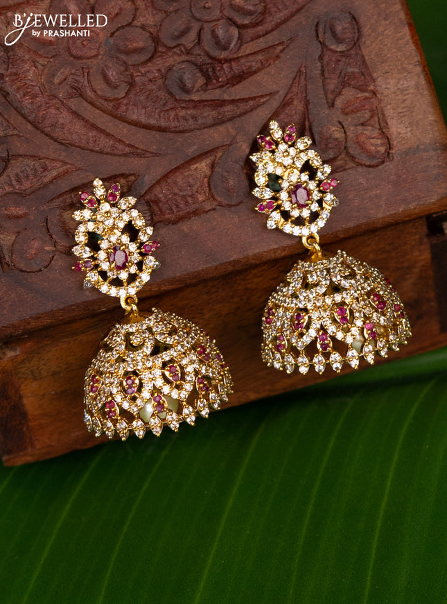 Antique jhumka with pink kemp & cz stones and pearl hanging