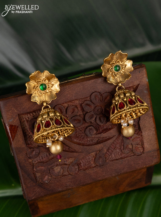 Antique jhumka with kemp stones and pearl hanging