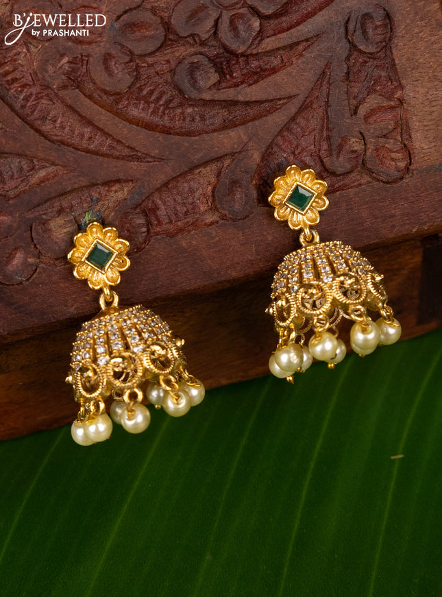 Antique jhumka floral design with emerald & cz stones and pearl hanging