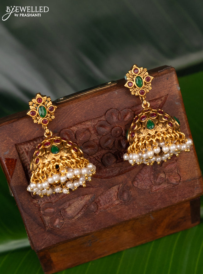 Antique jhumka floral design with kemp stones and golden beads hanging