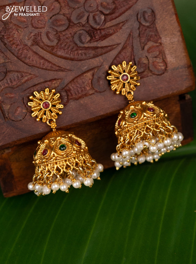 Antique jhumka with kemp stones and pearl hanging