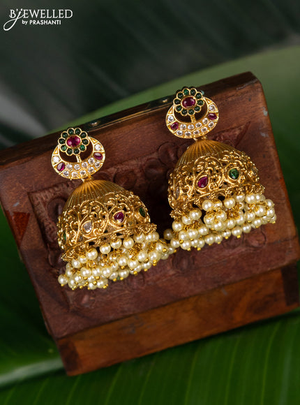 Antique jhumka chandbali design with kemp & cz stones and pearl hanging