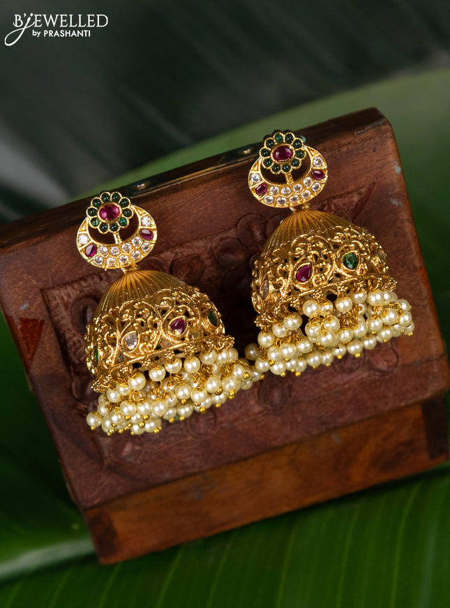 Antique jhumka chandbali design with kemp & cz stones and pearl hanging